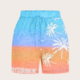 Essnce Pantalones cortos degradados con impresion de arboles de coco y letras para vacaciones en la playa