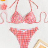 Swim Mod Bikini a cuadros para mujer con decoracion de lazo, correa de cuello halter, conjunto de bikini sexy de dos piezas para vacaciones en la playa