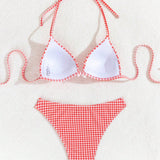 Swim Mod Bikini a cuadros para mujer con decoracion de lazo, correa de cuello halter, conjunto de bikini sexy de dos piezas para vacaciones en la playa