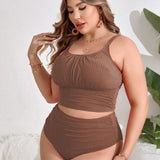 Swim Curve Conjunto de tankini solido y casual de talla grande para mujeres con ruched disenado para playa y verano, traje de bano