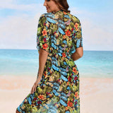 Swim Lushore Vestido de playa con estampado tropical de manga murcielago y cintura fruncida para mujeres de vacaciones en la playa