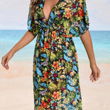 Swim Lushore Vestido de playa con estampado tropical de manga murcielago y cintura fruncida para mujeres de vacaciones en la playa