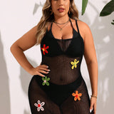 Swim Vcay Vestido de tirantes de ganchillo de talla grande con huecos unicolor y flores 3D