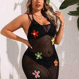 Swim Vcay Vestido de tirantes de ganchillo de talla grande con huecos unicolor y flores 3D