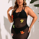 Swim Vcay Vestido de tirantes de ganchillo de talla grande con huecos unicolor y flores 3D