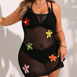 Swim Vcay Vestido de tirantes de ganchillo de talla grande con huecos unicolor y flores 3D