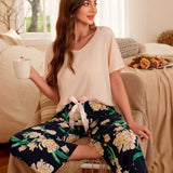 Serenescape Conjunto de pijama corto/largo estampado con bloques de color, flores y lazo