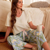 Serenescape Conjunto de pijama floral con bloques de color, lazada en la cintura, de manga larga / corta