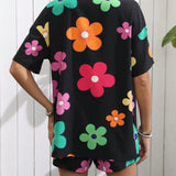 VCAY Colorido conjunto de chaqueta y shorts casuales de verano de manga corta con flores