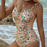 Traje de bano de Body entero ajustado con volantes y estampado floral para vacaciones de mujer, traje de bano con control de abdomen