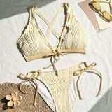 Swim Vcay Conjunto de bikini para mujer con cordones de encaje y corte de color para vacaciones en la playa