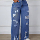 SXY Jeans de pierna ancha deshilachados y con bolsillos con ajuste casual para mujer