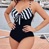 Swim Traje de bano de una pieza para mujeres con aros, estampado aleatorio (derechos de autor comprados), traje de bano a rayas con lazo en la parte frontal, de color negro