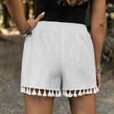 Frenchy Pantalones cortos de encaje con borlas de unicolor de tela arrugada texturizada para vacaciones de verano de mujer