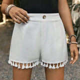 Frenchy Pantalones cortos de encaje con borlas de unicolor de tela arrugada texturizada para vacaciones de verano de mujer