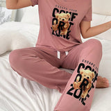 Conjunto de pijama de manga corta para mujer y pantalon largo con impresion de letras y ositos