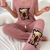 Conjunto de pijama de manga corta para mujer y pantalon largo con impresion de letras y ositos