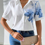 NEW  Prive Camisa para mujer elegante y de moda con mangas cortas e impresion de tenido anudado para el verano