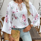 Blusa suelta floral con cuello de lazo para mujer de primavera/verano