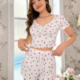 CottageSlumber Conjunto de pijama de top y shorts con cuello en V y plisado delantero de manga corta con flores pequenas