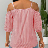 Lady Camisa casual de verano para mujer con rayas y parches con ribetes de volantes