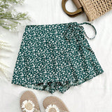 WYWH Shorts de A-Line con cinturon de lazo y diseno floral pequeno para mujer, ideal para vacaciones