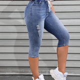 Jeans desgastados de mujer con cordon ajustable y bolsillos, pantalones informales Capri para verano