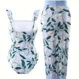 Swim Oasis Traje de bano de una pieza con tirantes con volantes y estampado de flores y plantas para mujer con falda cubierta, ropa de playa de verano