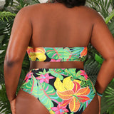 VCAY Conjunto de bikini en talla grande con top bandeau impreso con plantas tropicales y fondo triangular, ropa de playa de verano