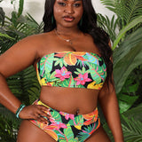 VCAY Conjunto de bikini en talla grande con top bandeau impreso con plantas tropicales y fondo triangular, ropa de playa de verano