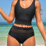 VCAY Conjunto de tankini negro para mujer con camisola y braguitas adornadas con encaje y malla