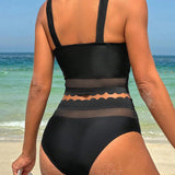 VCAY Conjunto de tankini negro para mujer con camisola y braguitas adornadas con encaje y malla