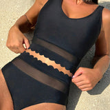 VCAY Conjunto de tankini negro para mujer con camisola y braguitas adornadas con encaje y malla