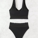 VCAY Conjunto de tankini negro para mujer con camisola y braguitas adornadas con encaje y malla