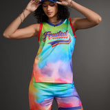 Conjunto deportivo de baloncesto para mujer con top sin mangas de tie-dye y shorts