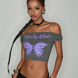 thegypsygoddess Top corto casual de mariposa impresa con hombros descubiertos y ajuste ajustado para mujer estilo Y2K