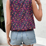 LUNE Camisa morada sin mangas con flores pequenas para mujer, informal de verano para vacaciones o trabajo de maestra