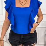 Blusa de a grande con cuello cuadrado de unicolor para el verano con volantes