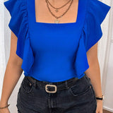 Blusa de a grande con cuello cuadrado de unicolor para el verano con volantes