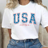 Camiseta de mujer con estampado de manga corta con eslogan del Dia de la Independencia de los Estados Unidos