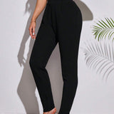 Tall Pantalones negros de cintura alta para mujer con pliegues y bolsillos de ajuste estrecho