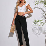 Tall Pantalones negros de cintura alta para mujer con pliegues y bolsillos de ajuste estrecho