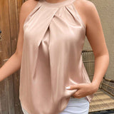 Prive Blusa para mujer de a grande, color champan unicolor, con cuello en V con pliegues delanteros y sin mangas, adecuada para ropa casual, desplazamientos, festivales de musica y codigo de vestimenta de oficina, elegante y sencilla