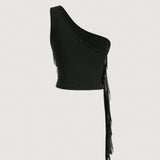 MOD Top negro con capas de volantes con tirantes drapados para trajes de concierto, fiestas o para un estilo comodo