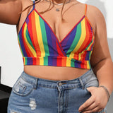 CURVE+ Camisola de bralette tejido de punto casual con estampado de rayas arcoiris de tamano grande y multicolor estirable