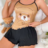 Conjunto de pijamas de seda de leche para mujer 140g con estampado de oso animado