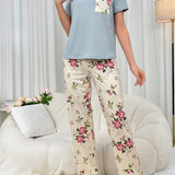 Conjunto de pijama de manga corta con estampado floral y pantalones largos con bolsillos