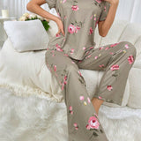 Conjunto de pijama de verano para mujer con parte superior de mangas cortas estampada con flores y pantalones
