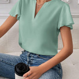 Essnce Camisa casual de mujer con cuello en V y solapa con unicolor para el trabajo diario