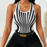 SXY Body de moda sin espalda y con cuello halter en blanco y negro a rayas para mujer, ideal para verano